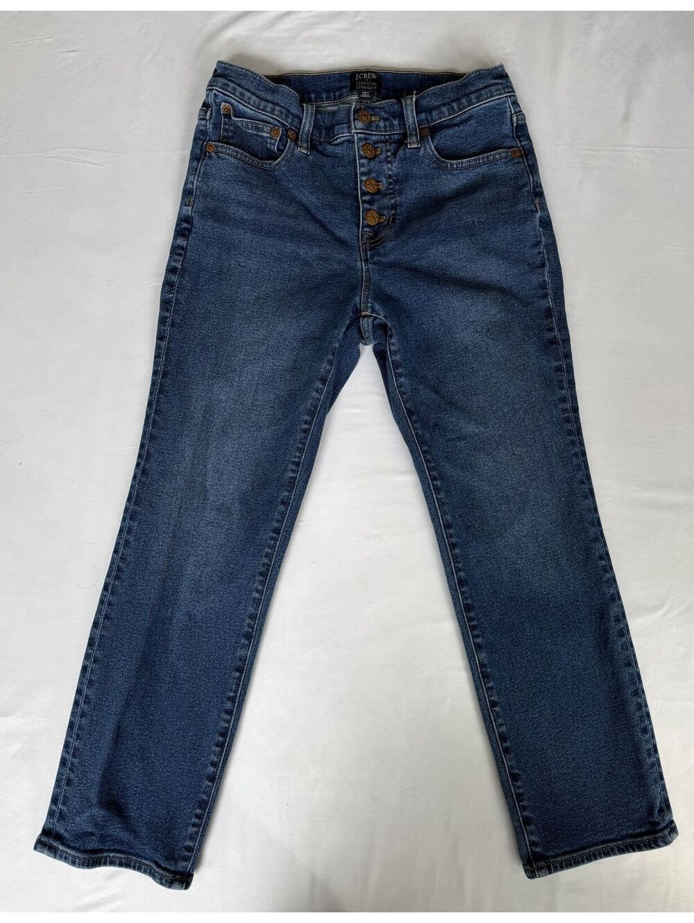 J.Crew Essential Straight Jeans 26P Petite Medium Wash Button Fly Stretch Denim